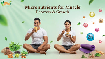 Ayurvedic-inspired visual showing micronutrients like magnesium, zinc, and iron supporting muscle recovery and growth, with Shrichitt Ayurveda herbs and Indian superfoods in the background.