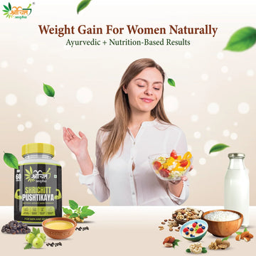 Fit, confident woman representing healthy weight gain for women, surrounded by Ayurvedic herbs, Shrichitt Pushtikaya supplement, and nutritious foods like fruits, nuts, and milk for natural results.