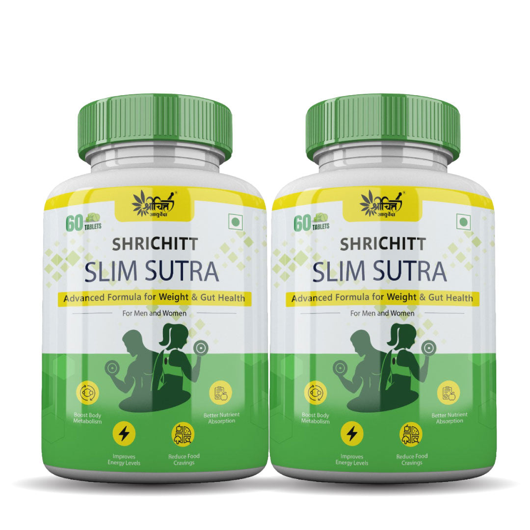 Shrichitt Slim Sutra Ayurvedic weight loss supplement bottle – 60 tablets – advanced formula for weight and gut health, boosts metabolism, improves energy, reduces food cravings, and enhances nutrient absorption.