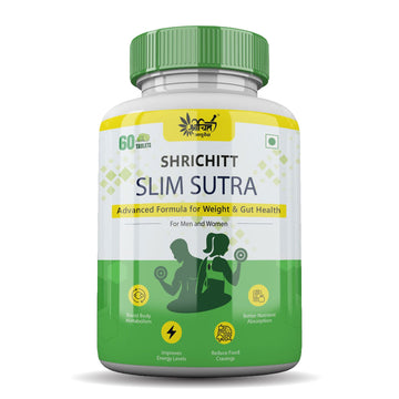 Shrichitt Slim Sutra Ayurvedic weight loss supplement bottle – 60 tablets – advanced formula for weight and gut health, boosts metabolism, improves energy, reduces food cravings, and enhances nutrient absorption.