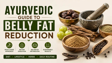 Premium 3D Ayurvedic belly fat reduction guide featuring traditional herbs, digestive support ingredients, metabolic balance concepts, and natural wellness elements arranged in a clean professional layout.