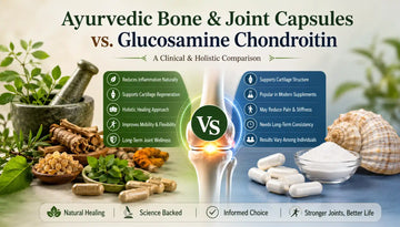 A side-by-side clinical comparison infographic showing natural Ayurvedic bone and joint capsules with raw herbs on the left, contrasted against synthetic glucosamine chondroitin pills on the right, centered around a glowing knee joint.