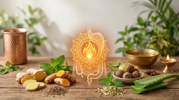 Ayurvedic digestive herbs including ginger, cumin, and triphala alongside a glowing graphic illustration of Agni, representing holistic gut health.