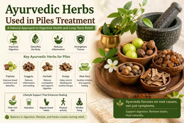 Ayurvedic herbs used in piles treatment featuring Triphala, Guggulu, Haritaki, Kutaja, and Aloe Vera for digestion support, inflammation relief, and natural hemorrhoids care.