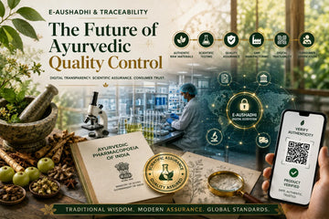 Editorial illustration showing Ayurvedic medicinal herbs, scientific laboratory testing, digital traceability, e-Aushadhi ecosystem, QR code verification, and quality assurance for authentic Ayurvedic medicines in India.