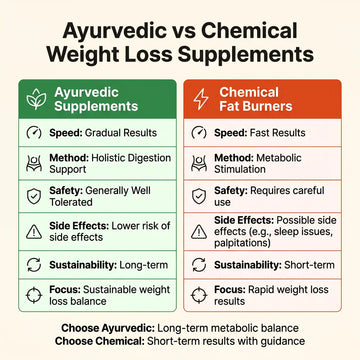 Comparison chart of Ayurvedic vs chemical weight loss supplements showing speed, safety, side effects, sustainability and results