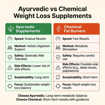 Comparison chart of Ayurvedic vs chemical weight loss supplements showing speed, safety, side effects, sustainability and results