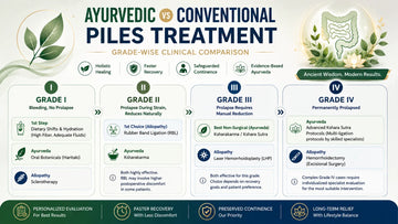 A grade-wise clinical infographic comparing Ayurvedic and conventional piles treatments. It contrasts holistic therapies like Kshara Sutra against allopathic surgery across Grades I to IV, featuring calming botanical visuals.