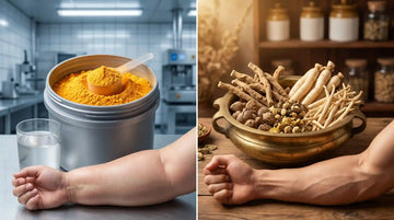A visual comparison showing temporary fluid expansion from synthetic commercial powders alongside the dense, living muscle and deep vitality cultivated by the best ayurvedic weight gain supplement, featuring a brass bowl of grounding traditional herbs.