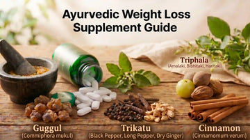 Ayurvedic weight loss supplement guide with herbs and ingredients on a wooden surface.