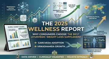 A three-column infographic detailing the global Ayurvedic wellness market shift with projected CAGR, herbal segment dominance, and market valuation by 2033.