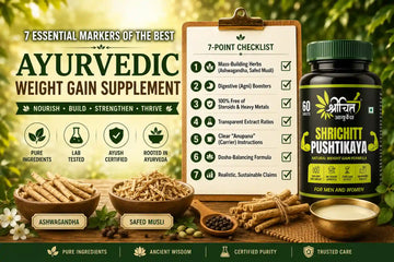 A professional 7-point checklist for choosing the best ayurvedic weight gain supplement featuring pure botanicals like Ashwagandha and Safed Musli alongside a bottle of Shrichitt Pushtikaya natural weight gain formula.