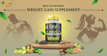 Shrichitt Pushtikaya Ayurvedic supplement surrounded by herbs and natural foods, representing the best natural weight gain solution for lean and healthy body transformation.