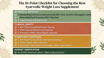 Infographic showing a 10-point checklist for choosing the best Ayurvedic weight loss supplement with botanical efficacy, clinical safety, synergistic protocol, and market verification criteria.