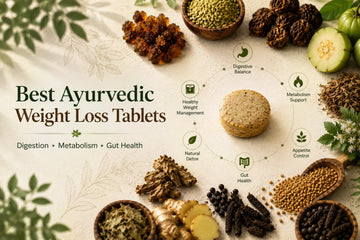 Ayurvedic weight loss tablets arranged on a light fabric background with herbs, seeds, and text reading 'Best Ayurvedic Weight Loss Tablets' and benefits like digestion, metabolism, and gut health.