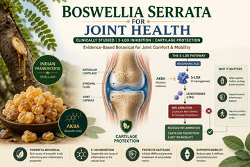 Boswellia serrata (Shallaki) resin with a knee joint illustration showing AKBA-mediated 5-LOX inhibition, cartilage protection, reduced inflammation, and improved joint mobility for osteoarthritis support.