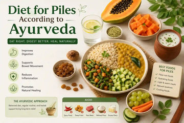 Healthy diet for piles according to Ayurveda showing fiber-rich foods, papaya, brown rice, lentils, vegetables, buttermilk, and natural foods that support digestion and bowel movement
