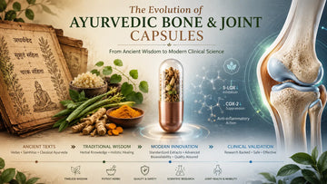 A visual timeline showing the evolution of Ayurvedic bone and joint capsules, featuring ancient texts, raw herbs like turmeric, a standardized transparent capsule, molecular inflammation targets including 5-LOX, and a healthy human knee joint.