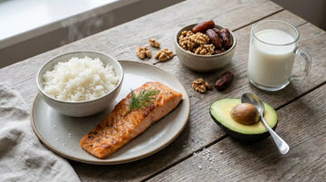 A high-calorie clean bulking meal on a wooden table, featuring healthy food for weight gain including a grilled salmon fillet, white rice, sliced avocado, a bowl of walnuts and dates, and a glass of whole milk.