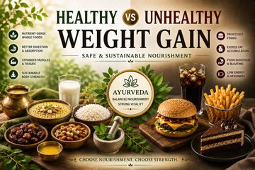 Premium Ayurvedic wellness comparison image showing healthy vs unhealthy weight gain with nourishing whole foods, herbs, digestion-focused nourishment, and processed fast foods representing balanced body strength versus unhealthy fat accumulation.