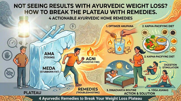 An infographic detailing 4 Ayurvedic remedies to break a weight loss plateau: optimizing Anupana (supplement carrier), adopting a Kapha-pacifying diet, establishing a Dinacharya routine, and practicing Yoga Asanas for digestion stimulation.