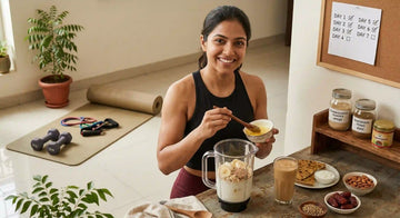 A healthy Indian woman preparing a weight gain smoothie with bananas, oats, and ghee, surrounded by Ayurvedic supplements and home workout gear.