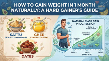 Infographic for gaining weight in 1 month showing a healthy man, nutrient-dense foods like Sattu, ghee, and dates, and a 30-day progress chart for natural mass gain.