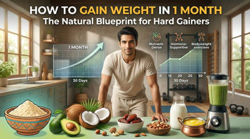 Infographic for gaining weight in 1 month showing a healthy man, nutrient-dense foods like Sattu, ghee, and dates, and a 30-day progress chart for natural mass gain.