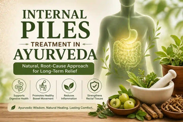 Illustration showing internal piles treatment in Ayurveda with digestive health concept, natural herbs, and long-term healing approach