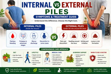 Infographic comparing internal vs external piles with symptoms, causes, treatment options, diet, lifestyle care, and medical guidance for hemorrhoid relief.