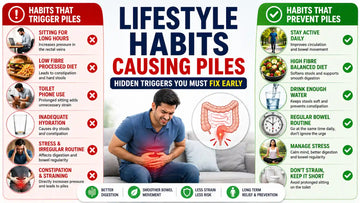Lifestyle habits causing piles including prolonged sitting low fibre diet dehydration stress constipation and healthy prevention habits