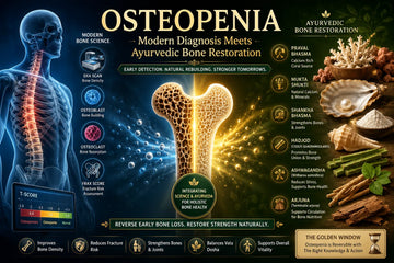 Editorial illustration showing early bone loss (osteopenia), healthy and porous bone structure, spine anatomy, and Ayurvedic bone restoration concepts through natural bone nourishment and Asthi Dhatu support.