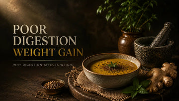 Luxury wellness editorial image showing poor digestion and weight gain with an Ayurvedic soup bowl, ginger, herbs, and cinematic earthy lighting representing digestive balance and gut health.