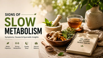 Editorial wellness image showing Ayurvedic herbs, ginger tea, digestive spices, and a calm, natural setup representing signs of slow metabolism, gut health, energy balance, and holistic metabolic support.