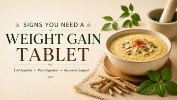 Bowl of soup with text about weight gain tablets on a light background