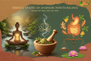 Stress weight gain illustrated with cortisol impact, slow digestion, abdominal fat pattern, and Ayurvedic herbs for natural support.