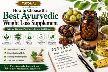Tutorial image for best Ayurvedic weight loss supplement featuring herbal capsules Triphala Guggulu clean ingredients and quality checklist