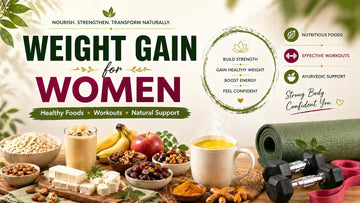 Weight Gain for Women featured image with healthy foods fitness equipment and turmeric milk for natural weight gain support