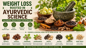 Ayurvedic herbs including Triphala, Ashwagandha, and Guggulu arranged with a stone mortar and pestle to support natural weight loss and dosha balance.