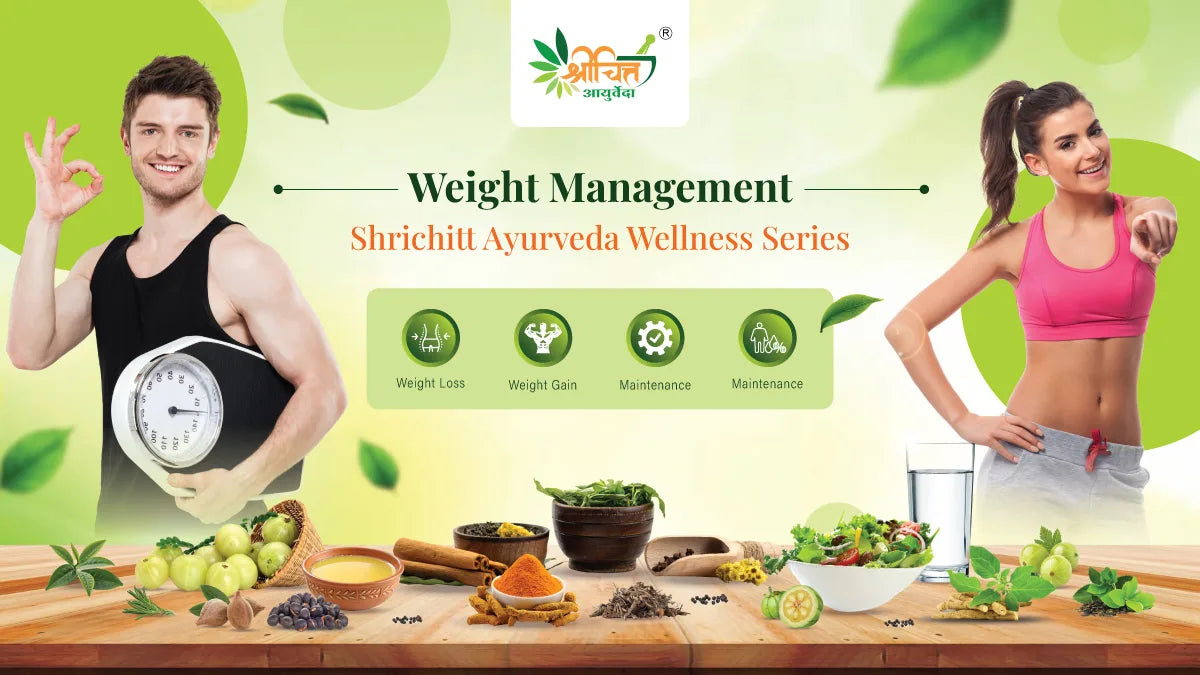 Ayurvedic weight management with balanced meal, herbs, and sunlight — promoting holistic wellness by Shrichitt Ayurveda.