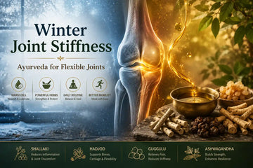 Premium featured image illustrating winter joint stiffness relief through Ayurveda with a healthy knee joint, warm herbal oil, and traditional Ayurvedic herbs including Shallaki, Hadjod, Guggulu, and Ashwagandha for improved mobility.