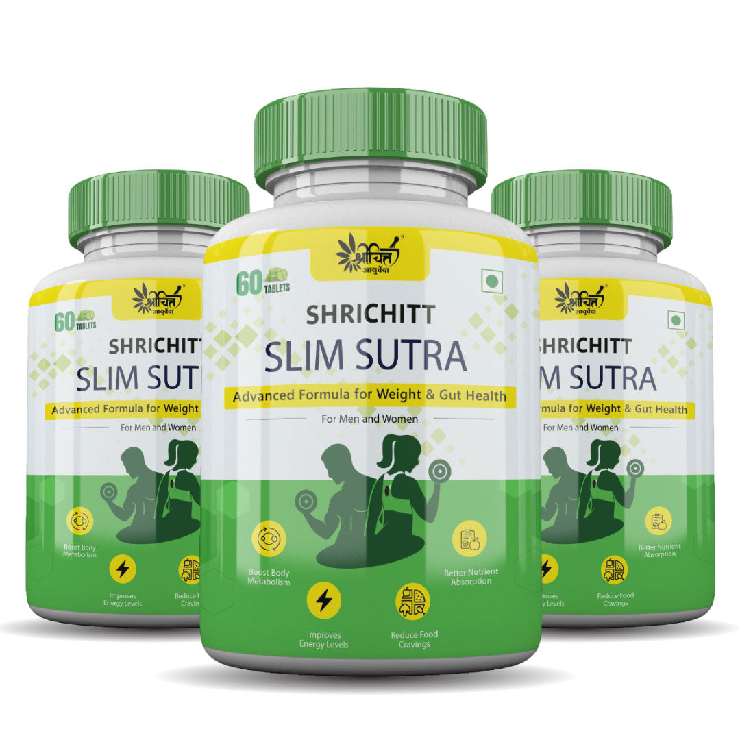 Pack of 3 Shrichitt Slim Sutra Ayurvedic weight loss supplement bottles – 60 tablets each – herbal formula for weight and gut health, boosts metabolism, reduces cravings, and supports nutrient absorption for men and women.