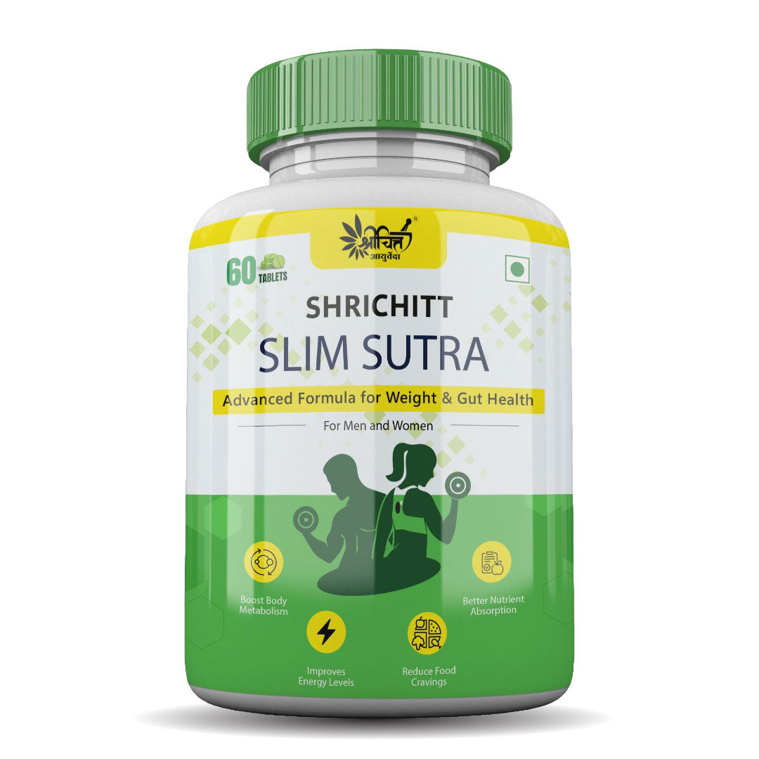 Shrichitt Slim Sutra Ayurvedic weight loss supplement bottle – 60 tablets – advanced formula for weight and gut health, boosts metabolism, improves energy, reduces food cravings, and enhances nutrient absorption.